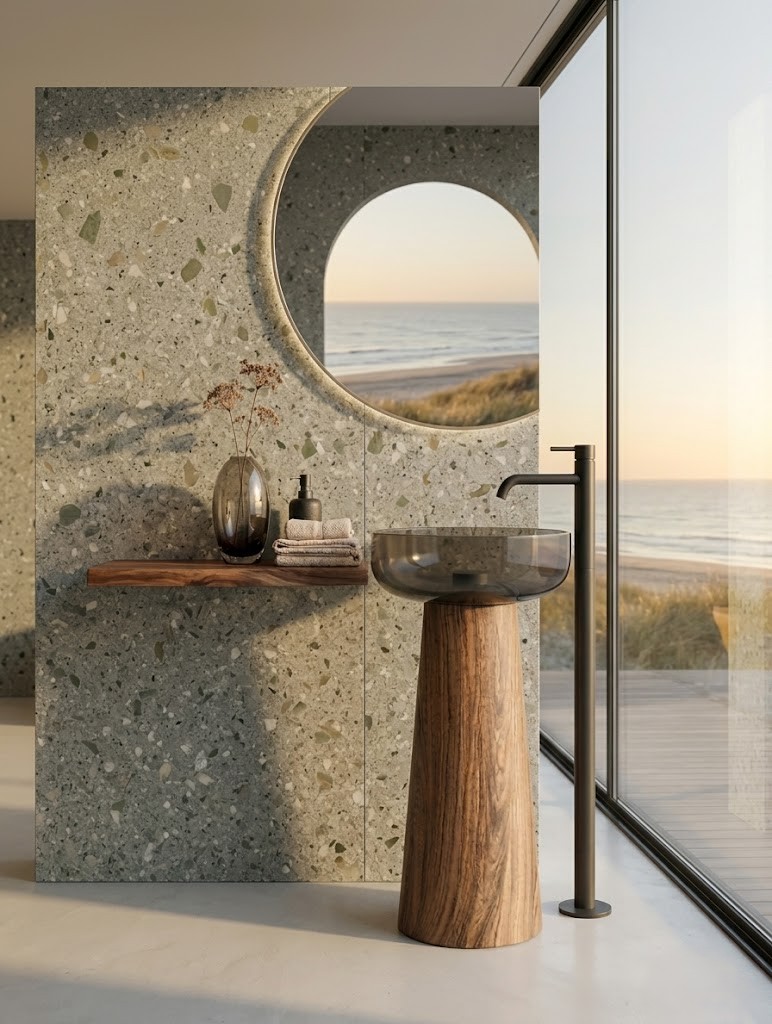 Muniq Wooden Effect Resin Basin 7109 in Japandi Biophilic Warm Luxury Bathroom Interior Muniq wooden effect resin freestanding basin 7109 in warm Japandi biophilic luxury bathroom with timber wall panelling natural stone floor indoor plants and matte black fixtures