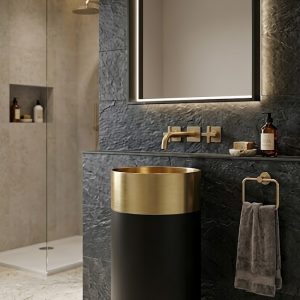 Gold Black Gold freestanding stainless steel pedestal basin with 3-band cylinder design showing polished gold top band matte black centre band and polished gold base band