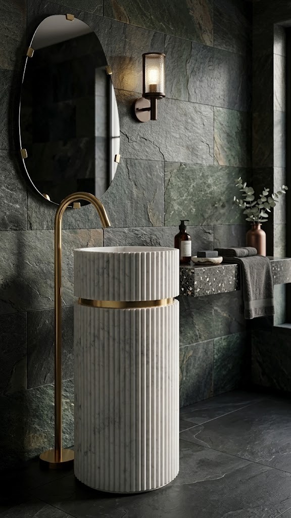 Muniq freestanding fluted white marble full column pedestal basin with 2 brushed gold rings and gold floor faucet in dark luxury bathroom