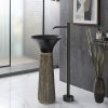 Liniyo freestanding resin pedestal basin with wide dramatic matte black flared bowl on richly shimmering gold fluted column pedestal and gunmetal floor faucet