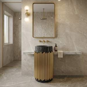 Muniq Freestanding Black Marble & Brass Rod Pedestal Basin | Nero Marquina Stone Bowl on Brushed Gold Column | Art Deco Luxury Bathroom Washbasin