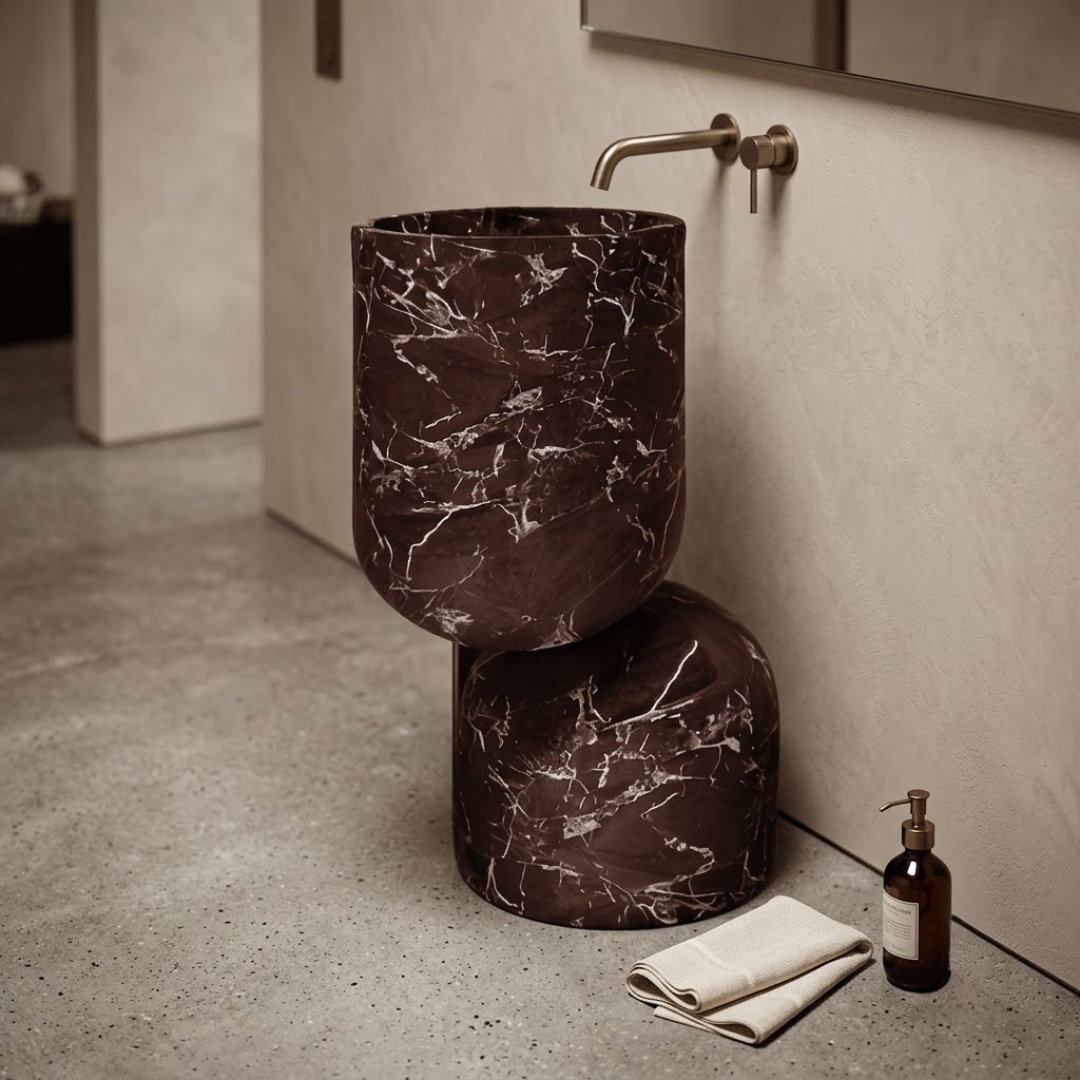 1 1 - Muniq Freestanding Rosso Levanto Marble Basin | Italian Stone Vessel Sink | Designer Luxury Bathroom Washbasin