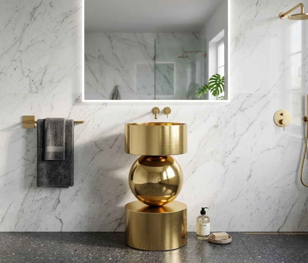 Orb Gold Freestanding Stainless Steel Pedestal Basin Luxury Sphere Bathroom Sink Orb Gold freestanding stainless steel pedestal basin featuring a reflective gold sphere suspended between brushed gold cylindrical sections in a luxury designer bathroom