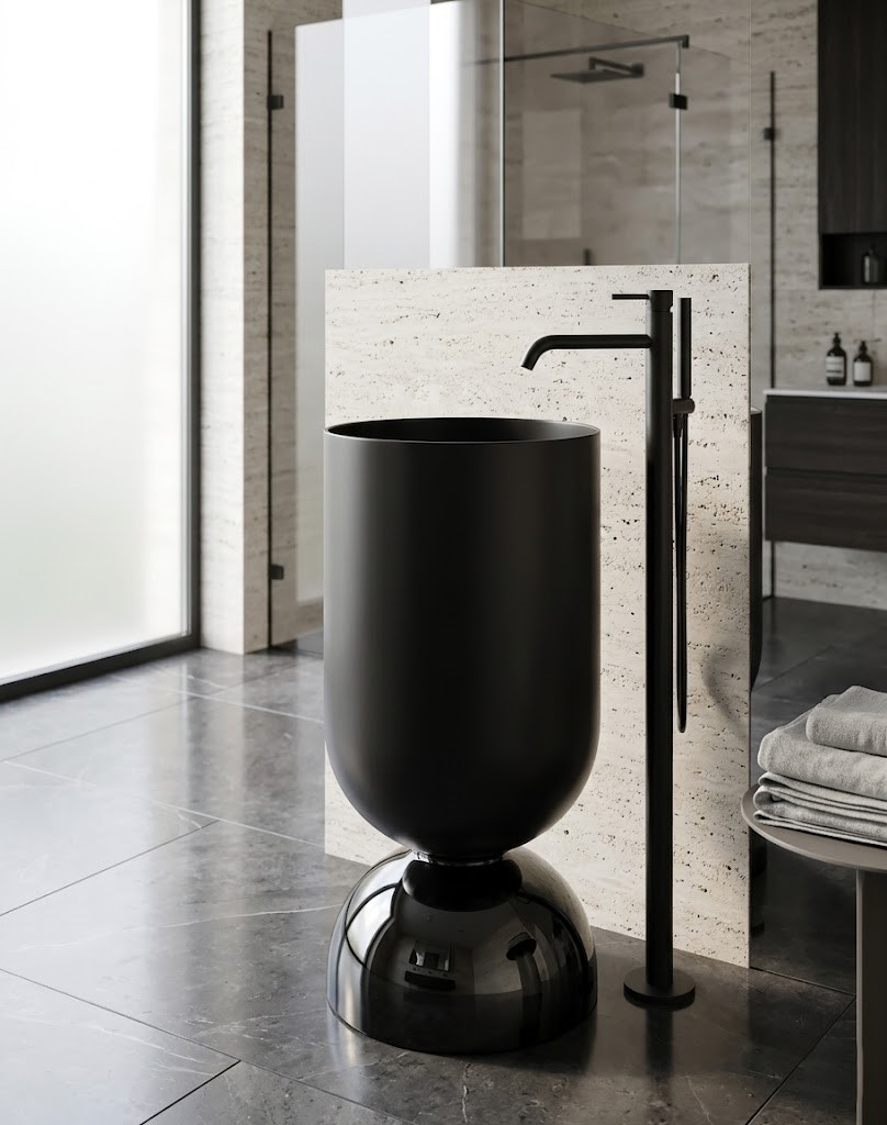 Wine Glass Black Freestanding Stainless Steel Basin Matte Black Cylinder Smoked Dome Wine Glass Black freestanding stainless steel pedestal basin with wide matte black cylinder bowl on smoked dome base and gunmetal floor faucet in dark contemporary bathroom