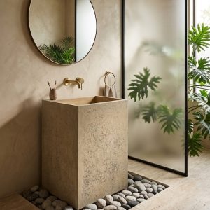 Muniq oblong quarry stone freestanding basin SNK 50 natural sandy beige square monolith pedestal sink 600x450x850mm with river pebble surround in biophilic bathroom