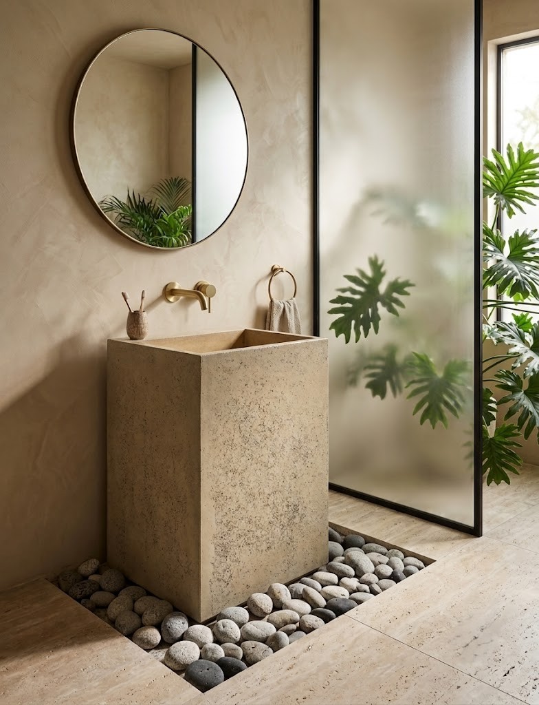 Muniq Oblong Quarry Stone Freestanding Basin SNK 50 Natural Beige Square Pedestal Sink 600x450x850mm Muniq oblong quarry stone freestanding basin SNK 50 natural sandy beige square monolith pedestal sink 600x450x850mm with river pebble surround in biophilic bathroom