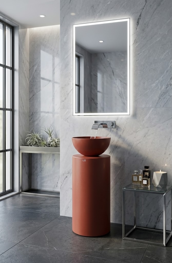Full Height Side Profile Muniq Terracotta Freestanding Bowl Basin 890mm Pedestal Form : Full height side profile of Muniq terracotta freestanding bowl basin 370x890mm showing elongated tapered cylinder pedestal and wide hemispherical bowl in rich terracotta clay