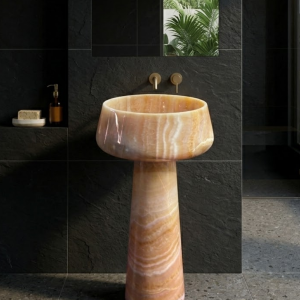 Muniq Freestanding Pink Onyx Mushroom Basin | Honey Rose Onyx Stone Pedestal Sink with Flared Bowl | Translucent Luxury Bathroom Washbasin