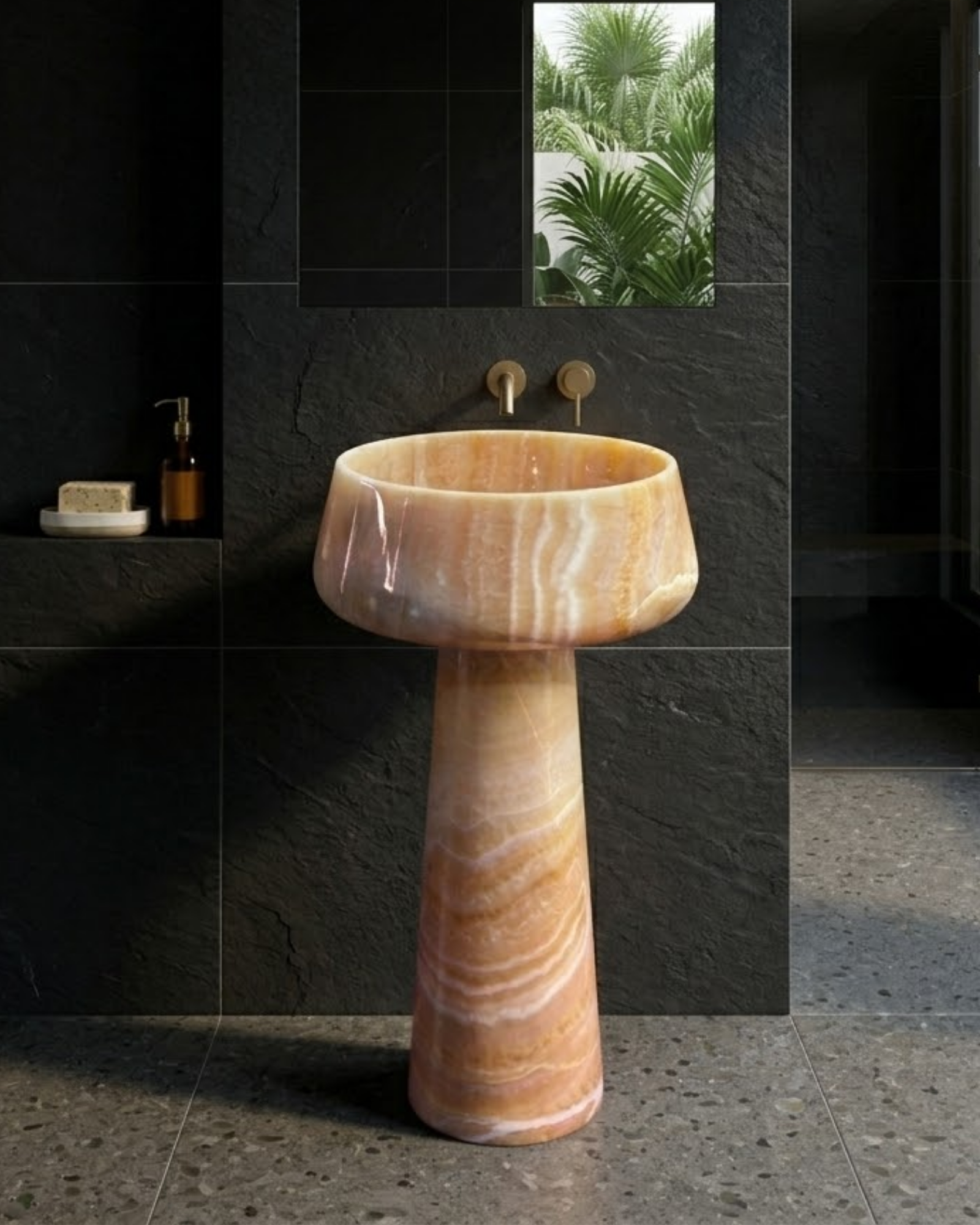Muniq Freestanding Pink Onyx Mushroom Basin | Honey Rose Onyx Stone Pedestal Sink with Flared Bowl | Translucent Luxury Bathroom Washbasin