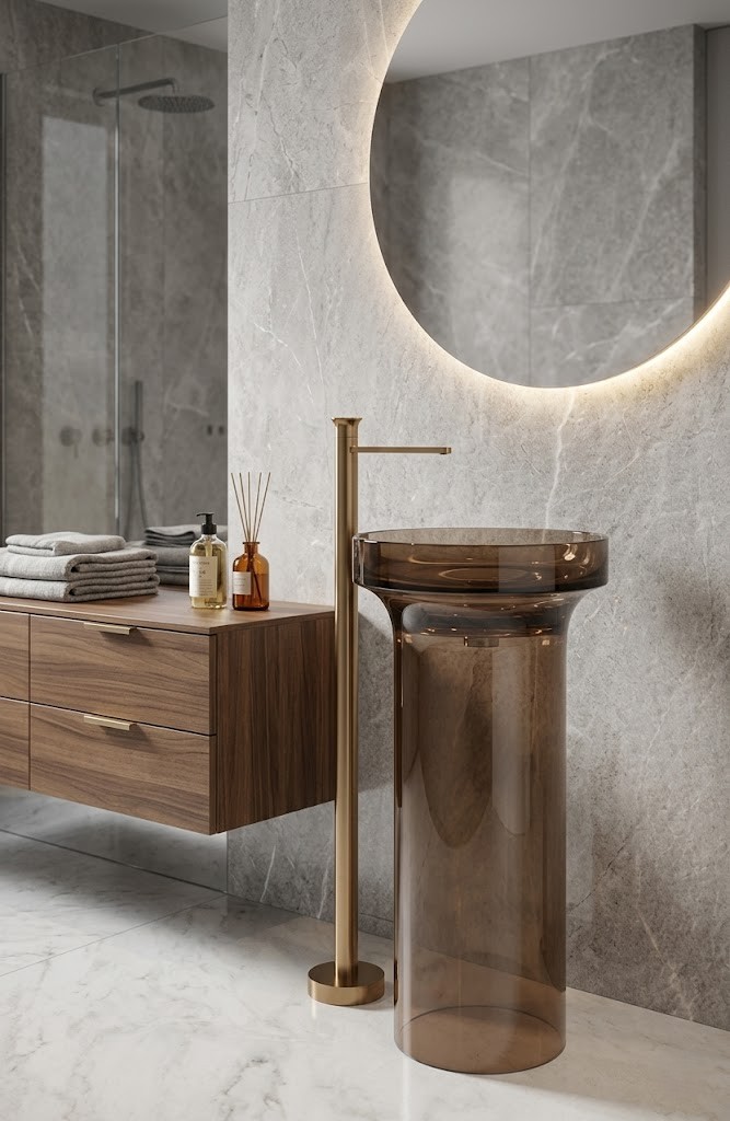 Muniq Transparent Bronze Resin Freestanding Basin 460x850mm Translucent Pedestal Sink Amber Muniq transparent bronze resin freestanding basin 460x850mm translucent amber bronze cylinder pedestal sink with flat rim bowl and brushed gold floor standing tap on marble surface