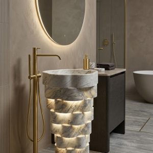 Muniq Freestanding Illuminated Stacked Marble Basin | Indian White Stone Pedestal Sink with Built-In LED | Designer Luxury Bathroom Washbasin