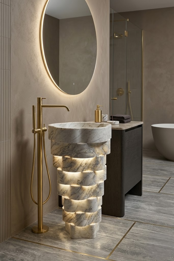 Muniq Freestanding Illuminated Stacked Marble Basin | Indian White Stone Pedestal Sink with Built-In LED | Designer Luxury Bathroom Washbasin
