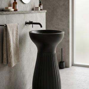 Noir Flute freestanding artificial stone pedestal basin featuring a matte black finish, sculptural hourglass silhouette, and deep vertical fluted detailing