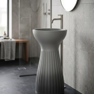 Muniq artificial stone pedestal basin 1339 400x850mm showing grey fluted hourglass goblet silhouette with concave waist and smooth flared bowl sculptural luxury washbasin