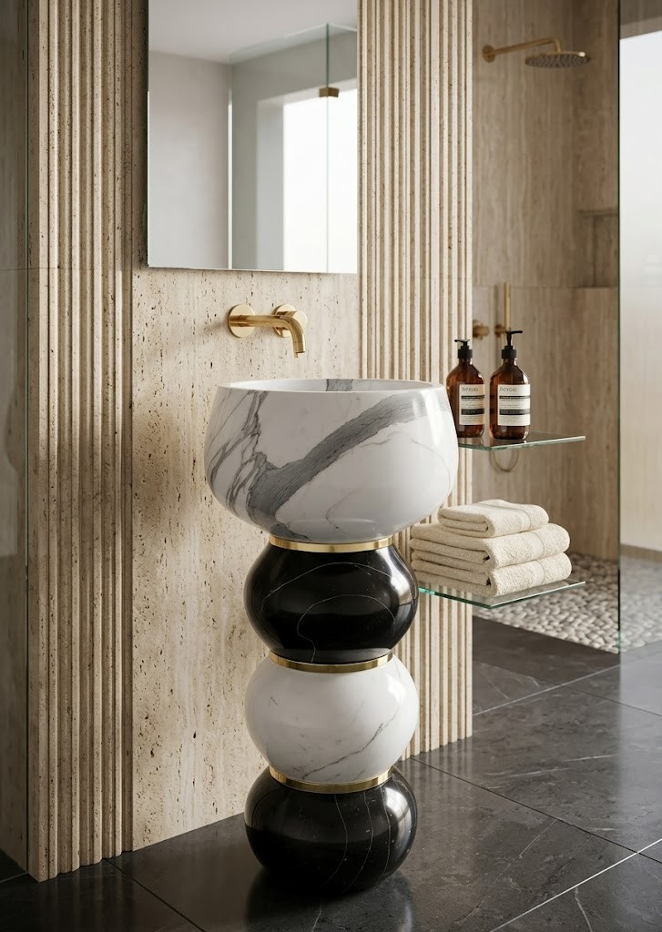 Muniq freestanding bicolour bubble stack basin with alternating Italian black and white marble spheres and 3 polished gold brass rings in luxury travertine bathroom