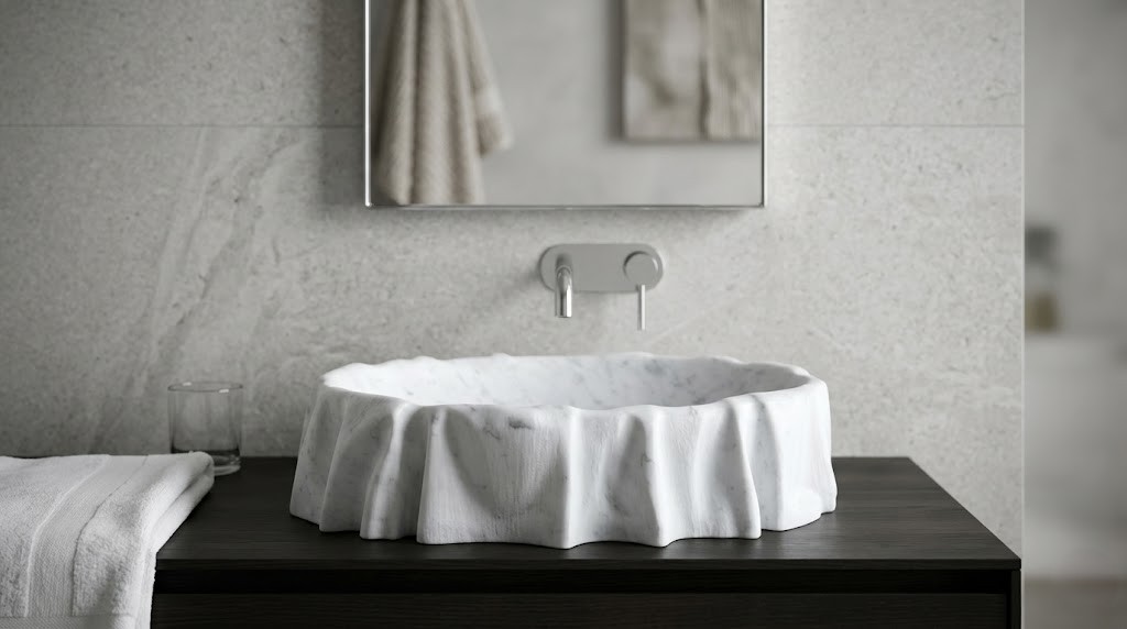 3a735814-5d06-482a-bb05-7fa2319bf774 3a735814 5d06 482a bb05 7fa2319bf774 - Muniq Draped Marble Countertop Basin | Indian White Stone Hand-Sculpted Fabric-Effect Vessel Sink | Designer Luxury Bathroom Washbasin