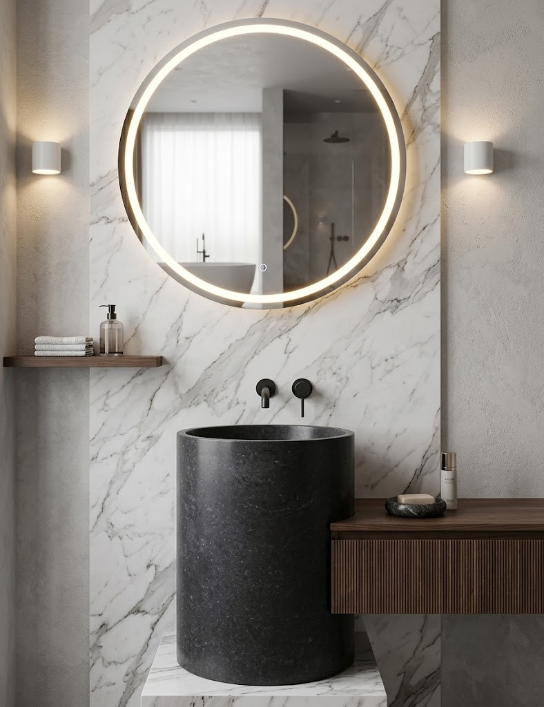 Muniq Halo Metallic Grey Stone Freestanding Basin SNK 150 Dark Cylinder Pedestal Sink 430x610mm Muniq Halo metallic grey stone freestanding basin SNK 150 dark charcoal cylinder pedestal sink 430x610mm with LED halo mirror and warm ambient wall lighting in luxury bathroom
