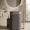 Muniq artificial stone pedestal basin 1342 600x375x850mm showing monochrome grey oval fluted column pedestal and bowl with precision gold ring accent wide format luxury washbasin