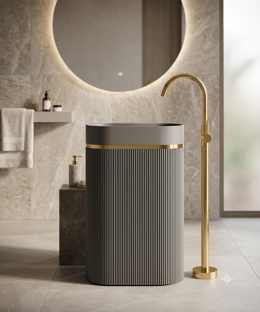 Muniq Artificial Stone Pedestal Basin 1342 600x375x850mm Oval Grey Fluted Column Gold Ring Accent Muniq artificial stone pedestal basin 1342 600x375x850mm showing monochrome grey oval fluted column pedestal and bowl with precision gold ring accent wide format luxury washbasin