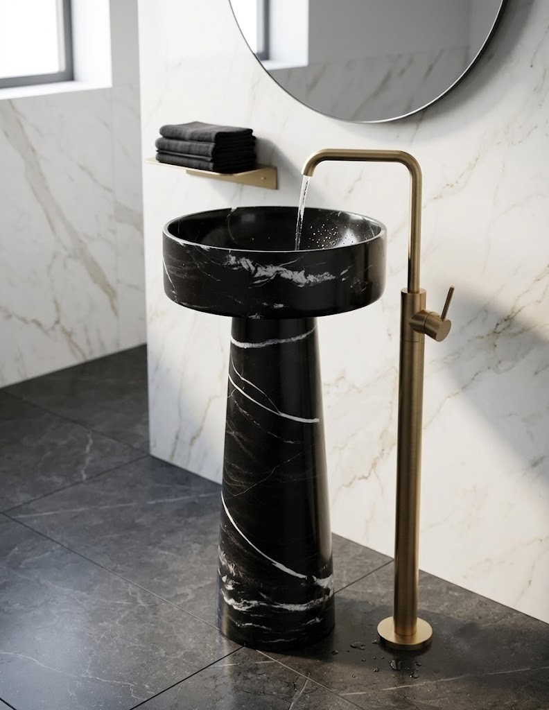 Muniq Freestanding Black Marquina Marble Basin | Nero Marquina Stone Tapered Pedestal Sink | Designer Luxury Bathroom Washbasin