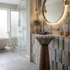 Wooden Effect freestanding resin basin 7112 with wide smoked dark resin bowl on rich natural wood grain effect tapered cone pedestal freestanding bathroom sink