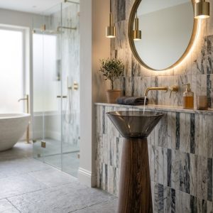 Wooden Effect freestanding resin basin 7112 with wide smoked dark resin bowl on rich natural wood grain effect tapered cone pedestal freestanding bathroom sink