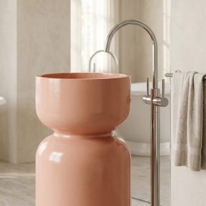 Zen Sink freestanding concrete hourglass pedestal basin SNK440 in terracotta blush colour with smooth glazed finish and matching waste coupling