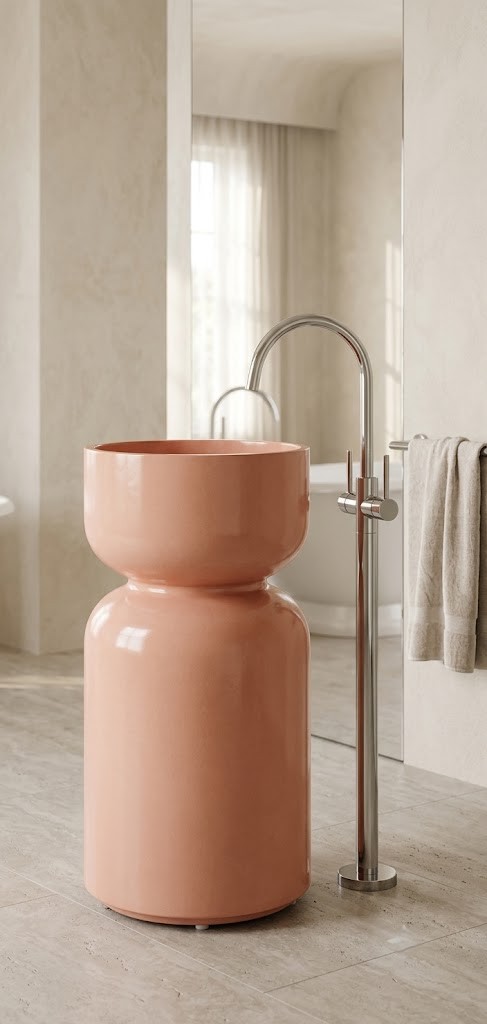 Zen Sink Freestanding Concrete Hourglass Basin SNK440 Terracotta Blush Minimalist Zen Sink freestanding concrete hourglass pedestal basin SNK440 in terracotta blush colour with smooth glazed finish and matching waste coupling