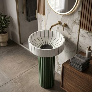 Sunburst white green marble effect artificial stone freestanding pedestal basin with radiating ribbed bowl black centre and vibrant green fluted column in marble bathroom