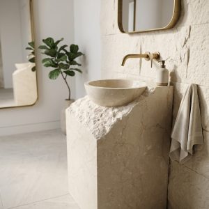 Muniq Round Vessel Basin | Indian Cream Stone Countertop Sink | Natural Beige Bowl Washbasin for Luxury Bathroom & Vanity