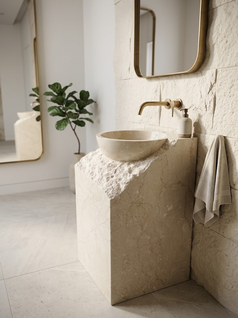 Muniq Round Vessel Basin | Indian Cream Stone Countertop Sink | Natural Beige Bowl Washbasin for Luxury Bathroom & Vanity