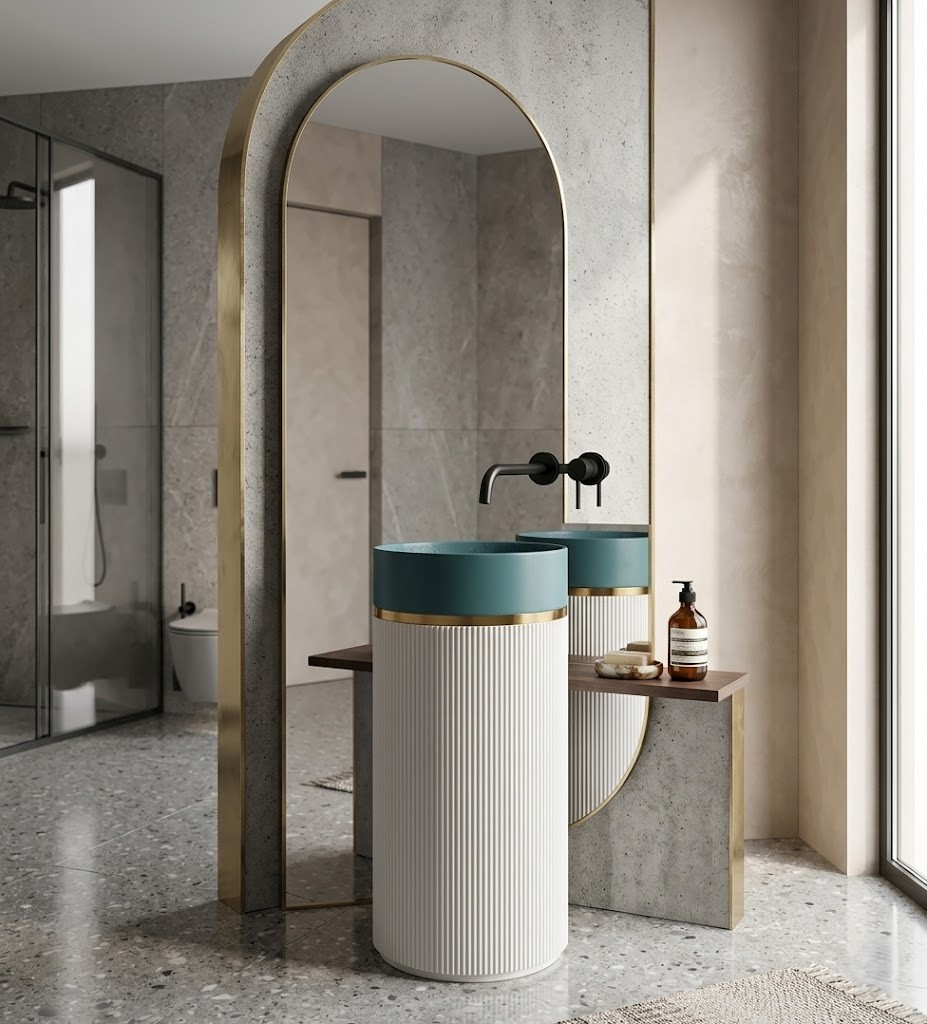 Artificial Stone Freestanding Fluted Pedestal Basin 1301 Teal Bowl White Column Gold Ring Artificial stone freestanding fluted pedestal basin 1301 with deep teal bowl gold connecting ring and white vertically fluted column in luxury bathroom with gold arch mirror
