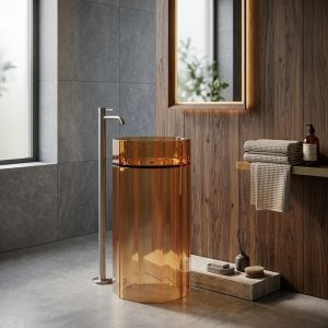 Orange freestanding transparent resin basin 7103 full height crystal clear amber cylinder pedestal sink glowing warm golden orange with brushed gold floor faucet