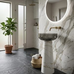 Close-up of warm white and gold bronze Statvario marble vein effect embedded in resin tapered cone pedestal of Muniq white Statvario resin freestanding basin 7107