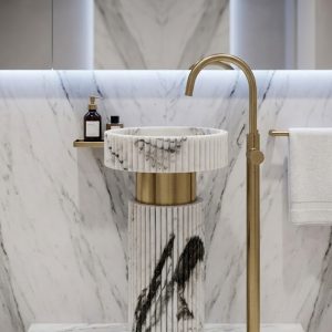 Muniq Freestanding Fluted Panda White Marble Basin | Indian Black & White Stone Column Pedestal Sink with Brushed Gold Ring | Designer Luxury Bathroom Washbasin
