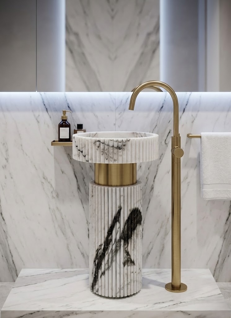 Muniq Freestanding Fluted Panda White Marble Basin | Indian Black & White Stone Column Pedestal Sink with Brushed Gold Ring | Designer Luxury Bathroom Washbasin