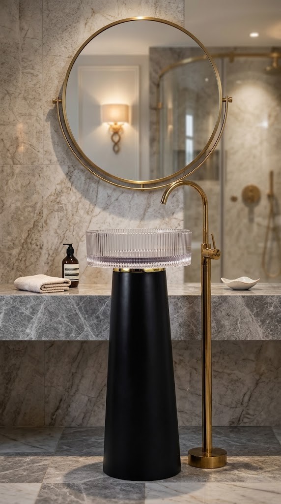 Muniq Matte Black Resin Basin Fluted Crystal Bowl Gold Ring Tapered Pedestal Five Star Hotel Bathroom Muniq matte black resin freestanding basin with fluted crystal resin bowl and brushed gold ring in five star hotel luxury bathroom with marble wall cladding gold floor tap and round gold mirror
