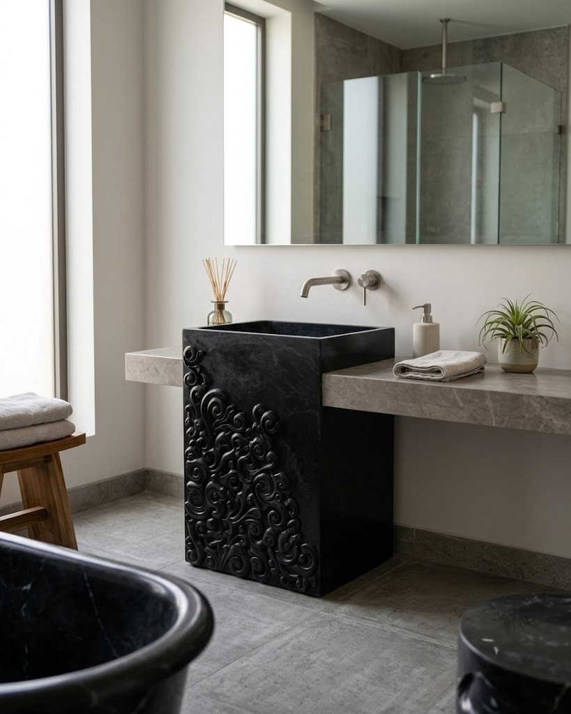 Muniq freestanding Indian black stone baroque carved basin with deep hand-carved scroll relief exterior and rectangular integrated bowl in contemporary luxury bathroom