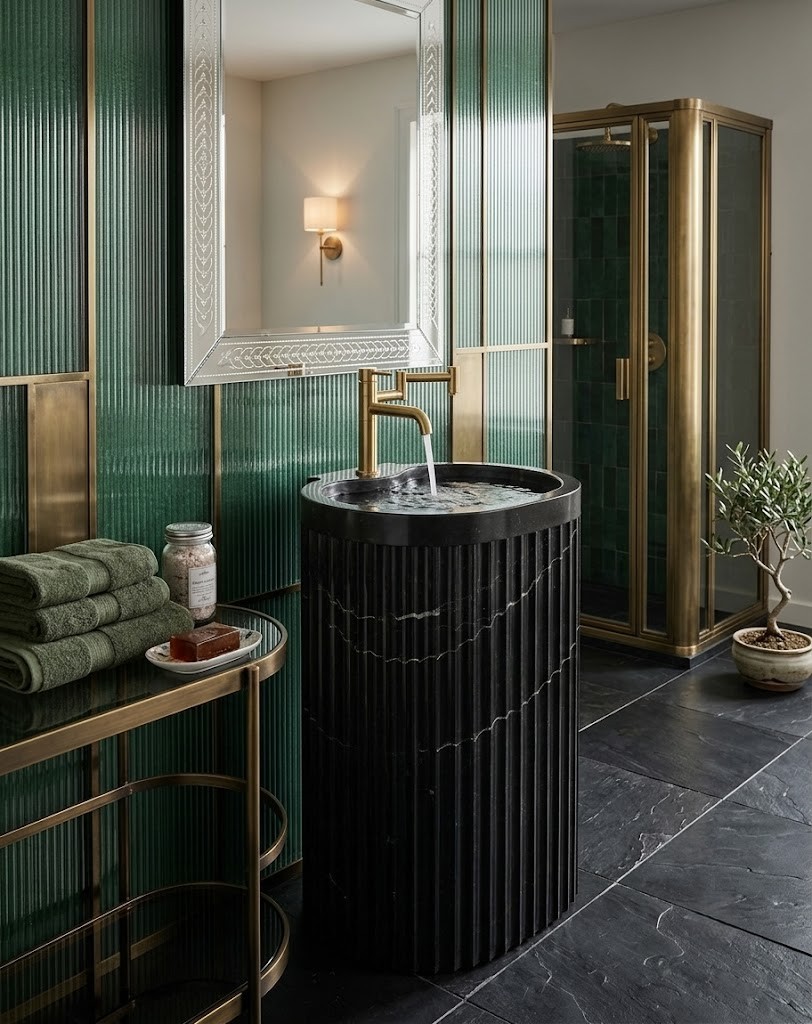 Close-up of precision vertical reeded fluting and dramatic bold white calcite veining on Muniq fluted Nero Marquina black marble cylinder freestanding pedestal basin