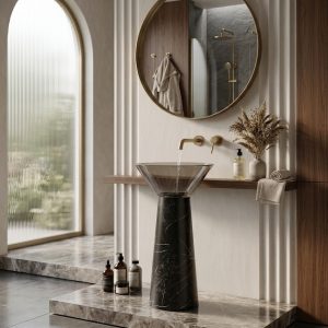 Close-up of dramatic Black Marquina marble effect deep black base with bold white veining on freestanding resin basin 7110 polished mirror surface