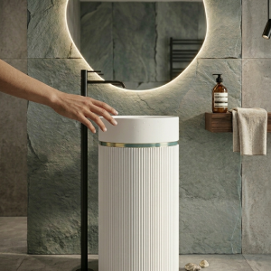 Close-up of deep teal bowl section and precision gold ring accent on Muniq artificial stone pedestal basin 1301 white fluted cylinder washbasin