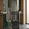 Smoke Black freestanding transparent resin basin 7103 full height smoked fluted cylinder pedestal sink with deep dark translucent resin and gold floor faucet