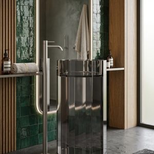 Smoke Black freestanding transparent resin basin 7103 full height smoked fluted cylinder pedestal sink with deep dark translucent resin and gold floor faucet