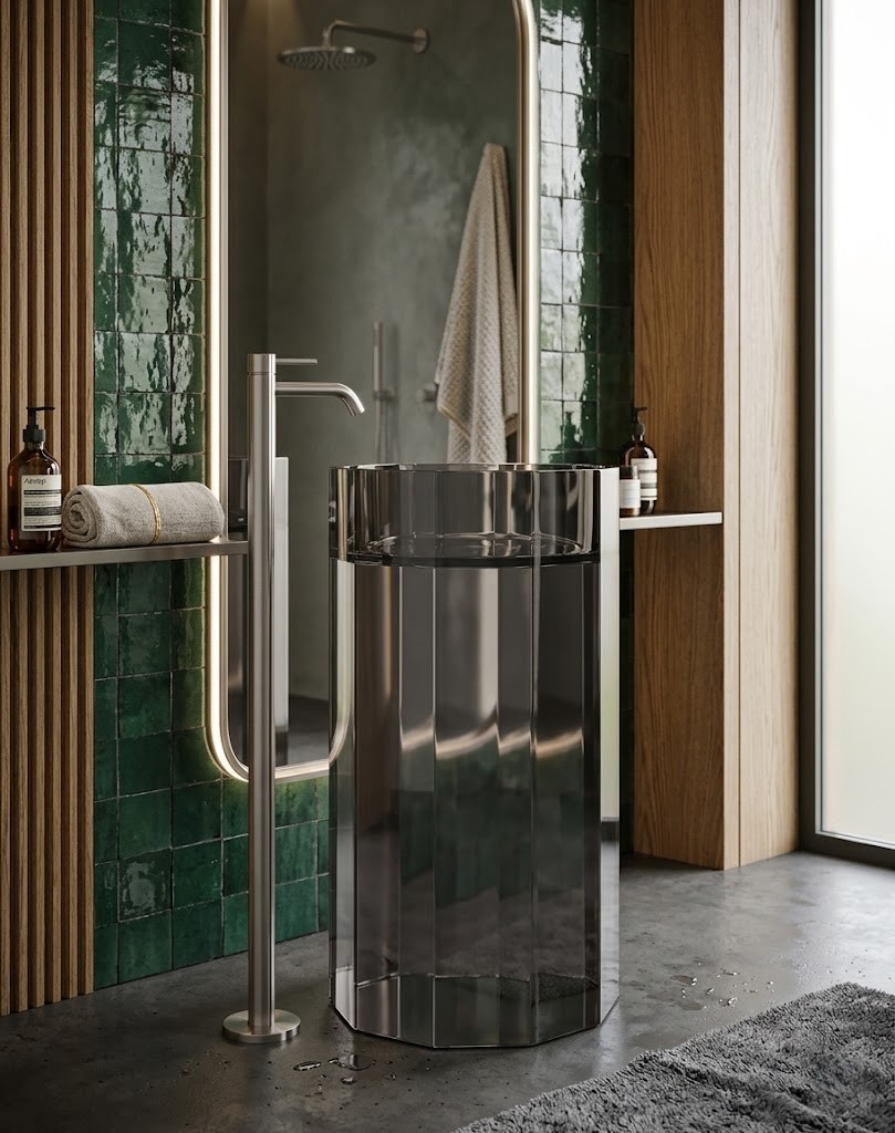 Smoke Black Freestanding Transparent Resin Basin 7103 Fluted Cylinder Dark Luxury Smoke Black freestanding transparent resin basin 7103 full height smoked fluted cylinder pedestal sink with deep dark translucent resin and gold floor faucet
