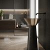 Black Marquina freestanding resin basin 7110 with wide dramatic flared bowl and tapered cone pedestal in deep black marble effect with bold white veining