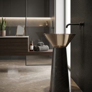 Black Marquina freestanding resin basin 7110 with wide dramatic flared bowl and tapered cone pedestal in deep black marble effect with bold white veining