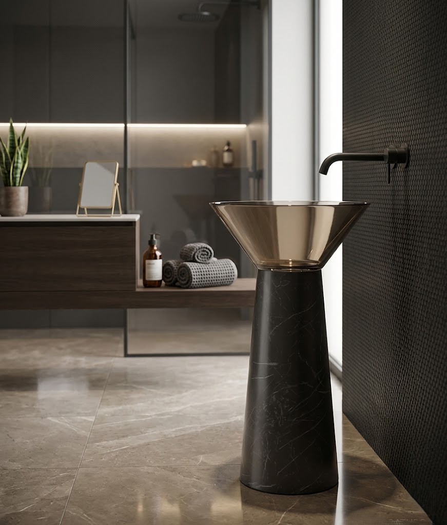 Black Marquina Freestanding Resin Basin 7110 Marble Effect Flared Bowl Cone Pedestal Black Marquina freestanding resin basin 7110 with wide dramatic flared bowl and tapered cone pedestal in deep black marble effect with bold white veining