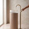 Beige fluted glass pedestal freestanding basin with ribbed crystal glass bowl and brushed gold floor standing faucet