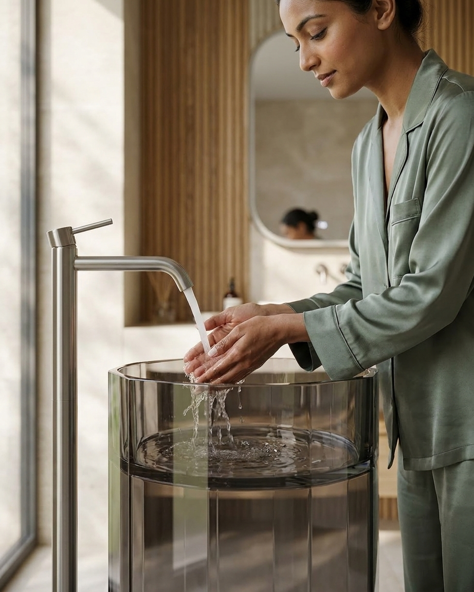 Transparent Resin Basin 7103 Smoke Black Colour Option Dark Luxury Range Smoke Black transparent resin freestanding cylinder pedestal basin 7103 shown as dark luxury colour option alongside Royal Blue and Orange in the 7103 resin collection