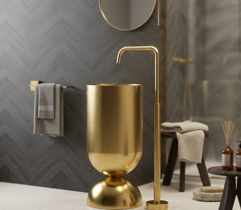 Wine Glass Gold Freestanding Stainless Steel Basin Brushed Gold Cylinder Dome Base Wine Glass Gold freestanding stainless steel pedestal basin with brushed gold cylinder bowl on polished gold dome base and gold floor faucet in dark luxury bathroom